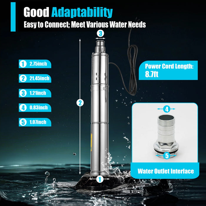 Enagua Mart 370W 24V Solar Water Pump - Deep Well Submersible Pump, Stainless Steel, 65M Head