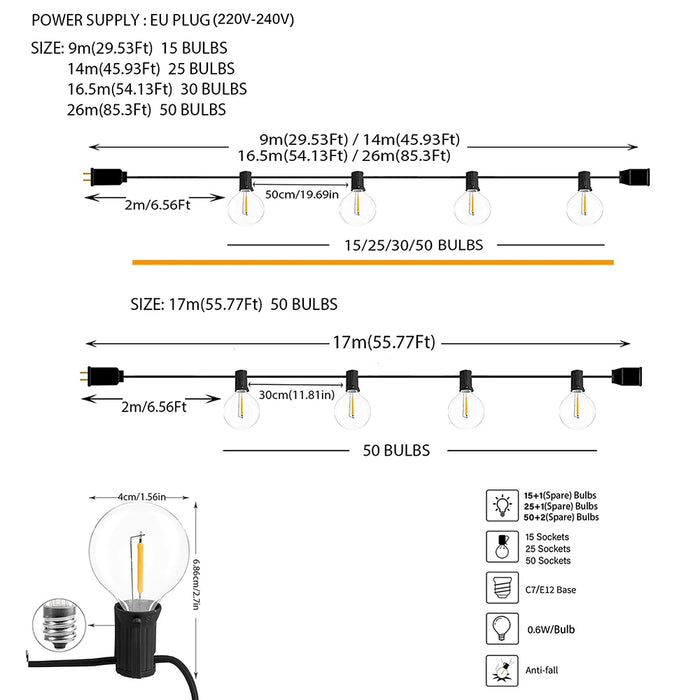 Enagua Mart 110V/220V Outdoor String Lights - LED G40 Festoon Fairy Patio Garland Lamp