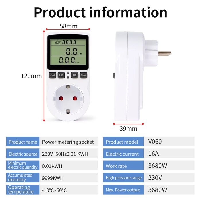 Enagua Mart Digital Power Meter Wattmeter Plug - Power Consumption Analyzer with LCD Display for Home Energy Monitoring