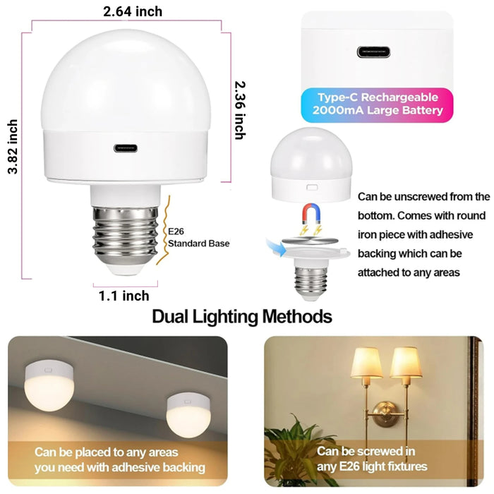 Enagua Mart Rechargeable LED Light Bulbs - Battery Operated Bulb with Remote and Timer, 3-Color Temperatures