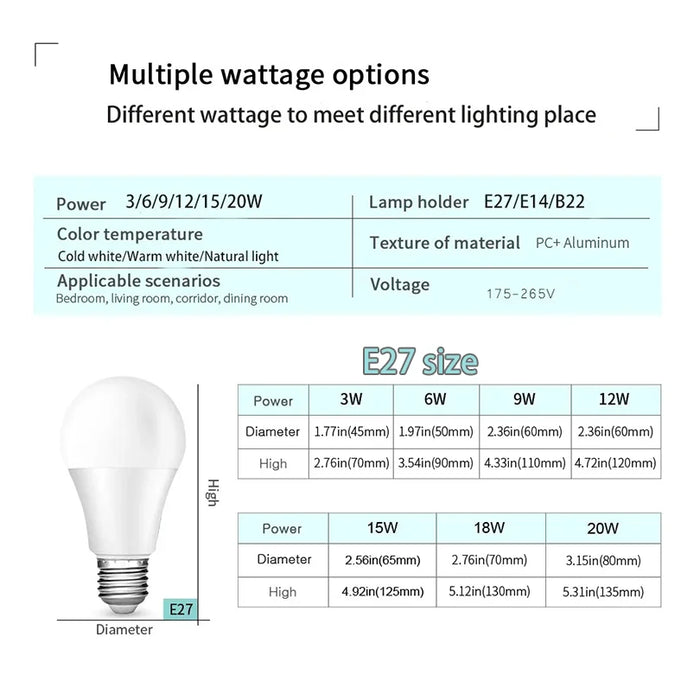 Enagua Mart LED Light Bulbs - 220V, 3W/6W/9W/12W/15W/20W Energy Saving Bulbs