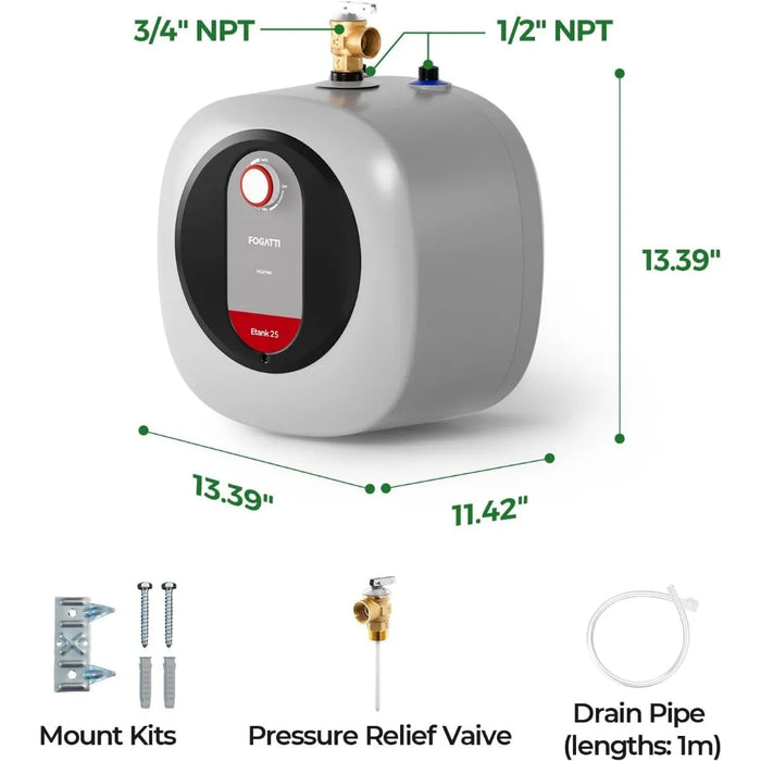 Enagua Mart Fogatti Electric Mini Tank Water Heater - 2.5 Gallon, 120V, Under Sink or Wall-Mounted