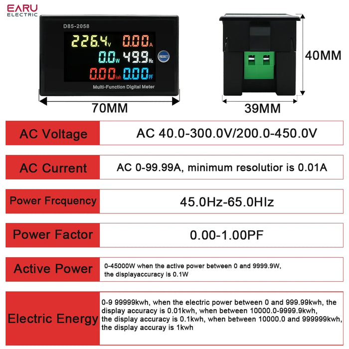 Enagua Mart Single-Phase Digital LCD AC Panel Meter - Intelligent Voltage, Current, and Frequency Power Monitor