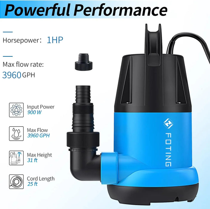 Enagua Mart Sump Pump Submersible 1HP - Clean/Dirty Water Pump 3960 GPH Portable Utility Pump for Swimming Pool, Garden, Pond & Basement