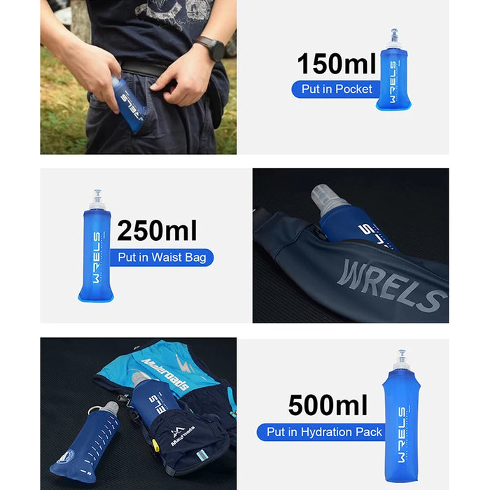 Enagua Mart WRels Outdoor Collapsible Silicone Water Bottle - Bite-Size Portable Bottle for Running, Camping, and Hiking (150ml, 250ml, 500ml)