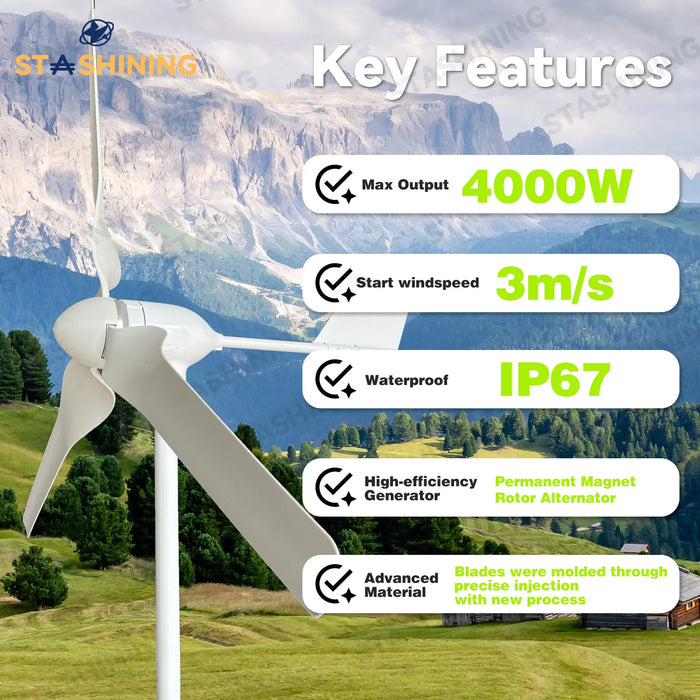 Enagua Mart 4000W Horizontal Wind Turbine Generator - Hybrid Solar Wind Power System for Home Use with MPPT Charger