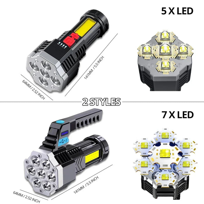 Enagua Mart High Power Rechargeable LED Flashlight - 7LED Camping Torch with COB Side Light