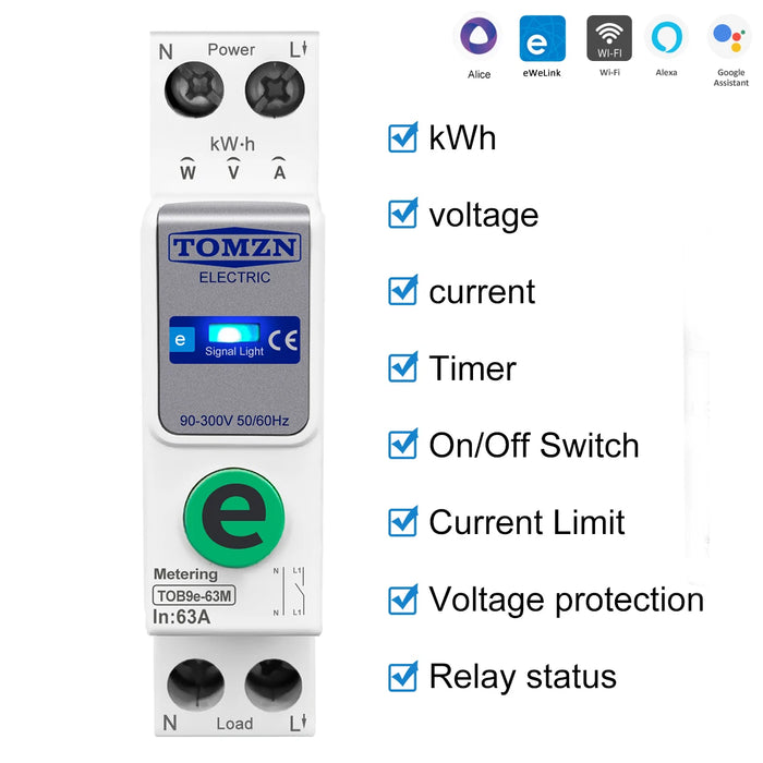 Enagua Mart TOMZN TOB9E-63M WiFi Smart Energy Meter - 110V/220V kWh Meter with Timer, Relay, and Circuit Breaker