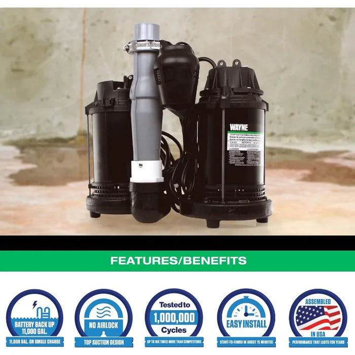 Enagua Mart Wayne 1/2HP Basement Sump Pump System - With Integrated Vertical Float Switch and 12V Battery Backup Capability