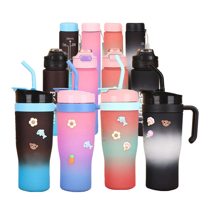 Enagua Mart Gradient Water Bottle 3-Piece Set - Large Capacity Plastic Cups with Straws