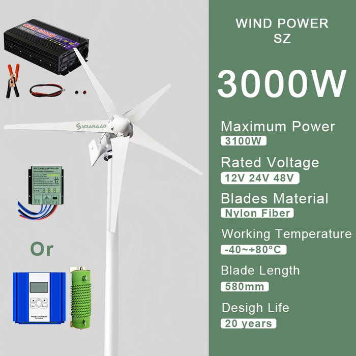 Enagua Mart 3000W Horizontal Wind Turbine Generator - 12V/24V/48V Off-Grid System with MPPT