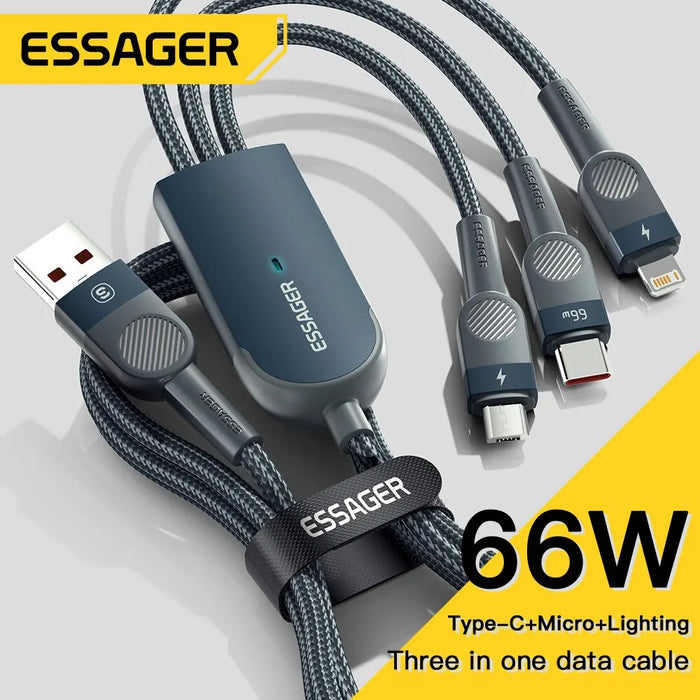 Enagua Mart Essager 6A 66W 3-in-1 USB-C Cable - Fast Charge for iPhone, Samsung, Xiaomi, and Huawei