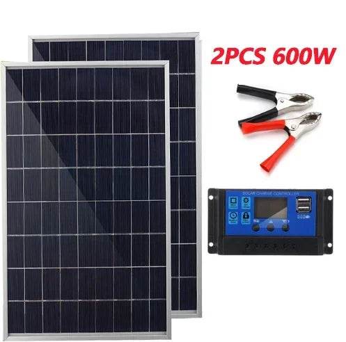 Enagua Mart 12V Solar Panel Kit Complete 600W Capacity - Polycrystalline USB Power Portable Outdoor Rechargeable Solar Cell Generator for Home - Enagua Mart