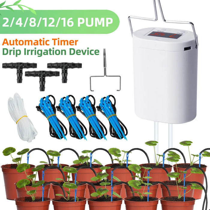 Enagua Mart Automatic Plant Watering Pump - Drip Irrigation System with Timer (2/4/8/16 Heads)