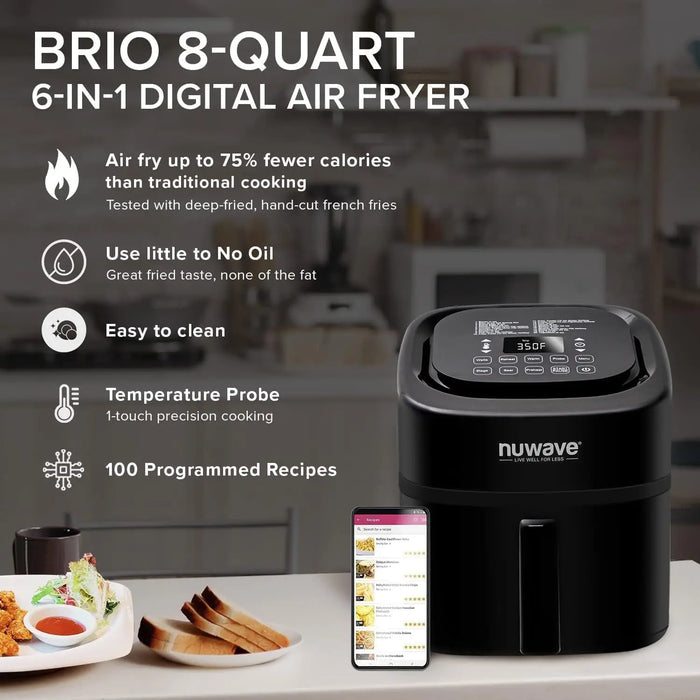 Enagua Mart Brio 8 Qt Air Fryer - 1800W with Cool White Display, 50-400°F Temp Controls, 100 Pre-Programmed Presets