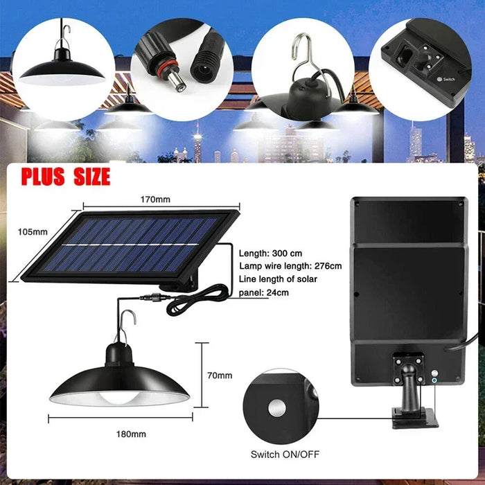 Enagua Mart 2/1 Head Solar Pendant Light with Remote - Waterproof Outdoor Lamp for Garden, Yard, Shed, Barn, LED Lighting