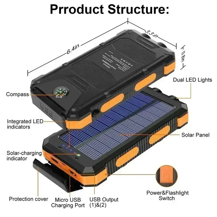 Enagua Mart 200,000mAh Solar Power Bank - Outdoor Camping Portable Waterproof Charger with LED Light and External Battery Charging