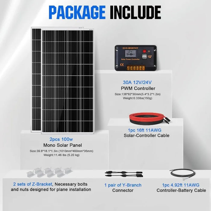 Enagua Mart 200 Watts 12V/24V Solar Panel Kit for RVs - Monocrystalline Panels with 30A PWM Charge Controller