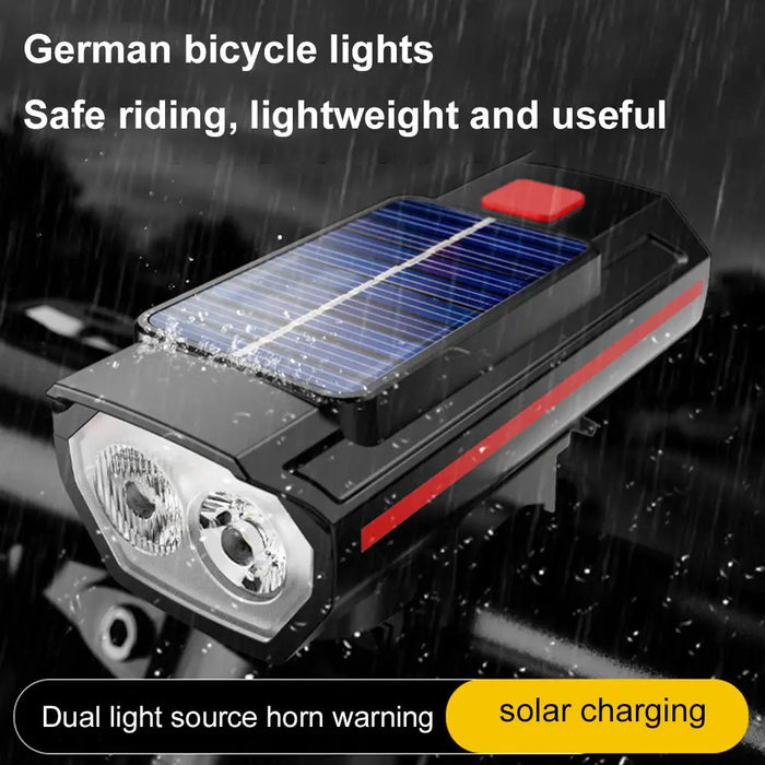 Enagua Mart Solar Bicycle Light - USB Rechargeable, Power Display, Front Flashlight with Horn for Mountain and Road Bikes