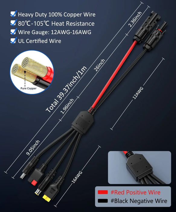 Enagua Mart 4-in-1 Solar Panel Connector Extension Cable Splitter - Compatible with Anderson Connector, DC Adapter, XT60 Female