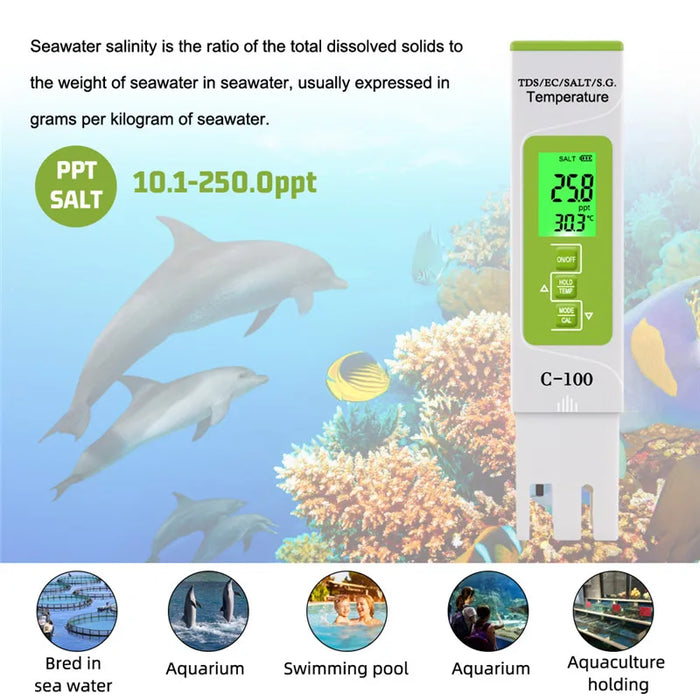 Enagua Mart 5-in-1 TDS/EC/Salinity/SG/Temperature Salt Meter - Digital Sea Water Quality Tester for Swimming Pools, Drinking Water, and Aquariums