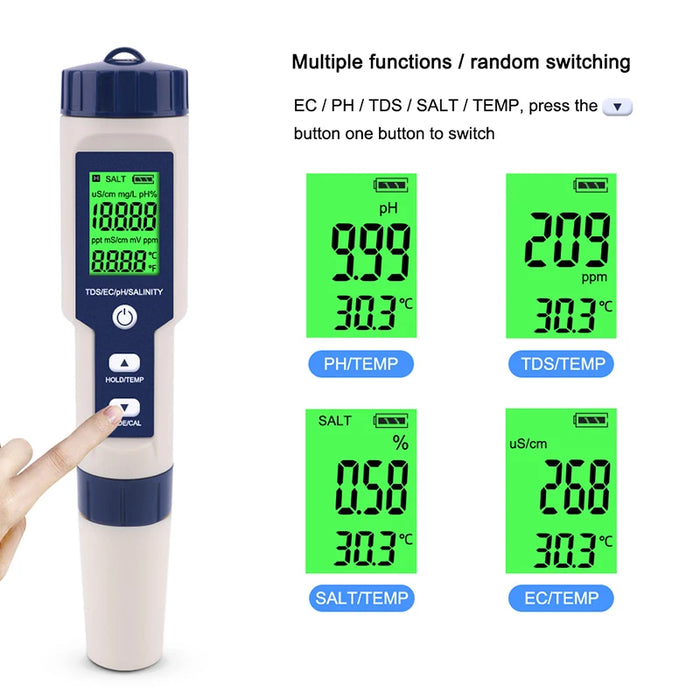 Enagua Mart 5-in-1 Water Quality Tester - TDS, EC, pH, Salinity, Temperature Meter for Pools & Aquariums