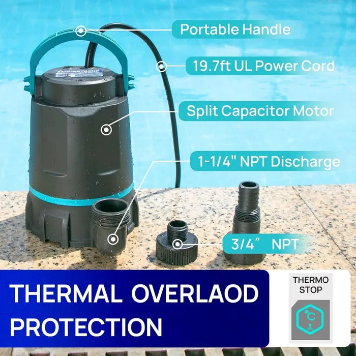 Enagua Mart 1HP Submersible Sump Pump - 4500GPH Thermoplastic Portable Utility Pump for High-Flow Water Removal