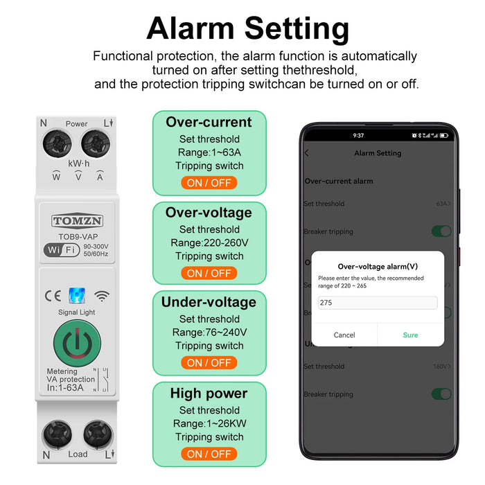 Enagua Mart TOMZN 63A Smart Switch Energy Meter - 1P+N WiFi kWh Meter with Timer, Relay, and Voltage Protection